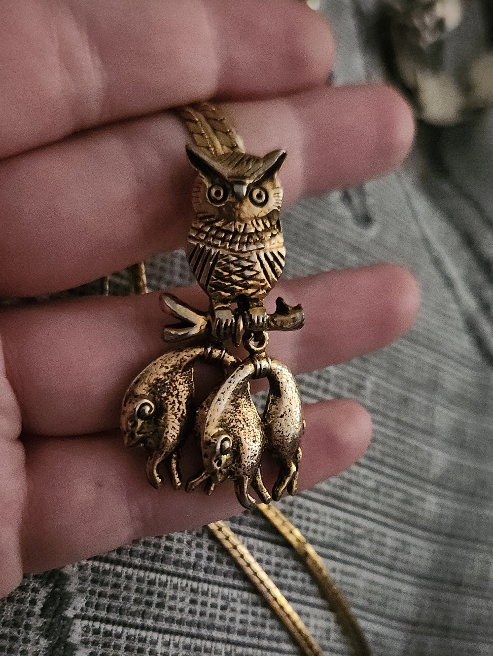 Gold-Tone Owl Pendant Necklace with Fish Charms
